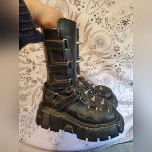 Vintage New Rock Black Leather Spike Platform Boots Terminator Metallic 36